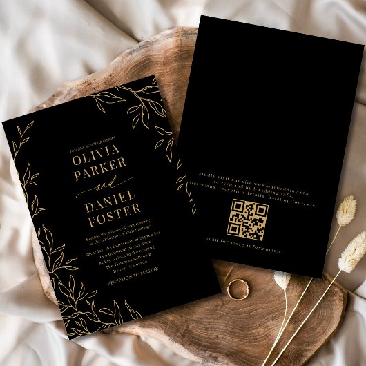 Black Gold Elegant Minimalist QR Code Wedding Kaart