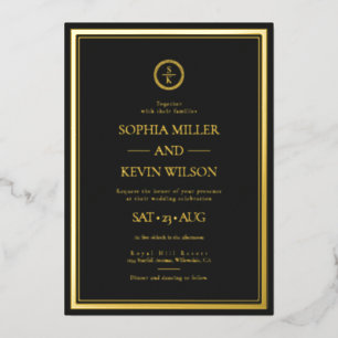 Black Gold Elegant Modern Monogrammed Wedding Folie Uitnodiging
