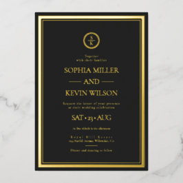 Black Gold Elegant Modern Monogrammed Wedding Folie Uitnodiging