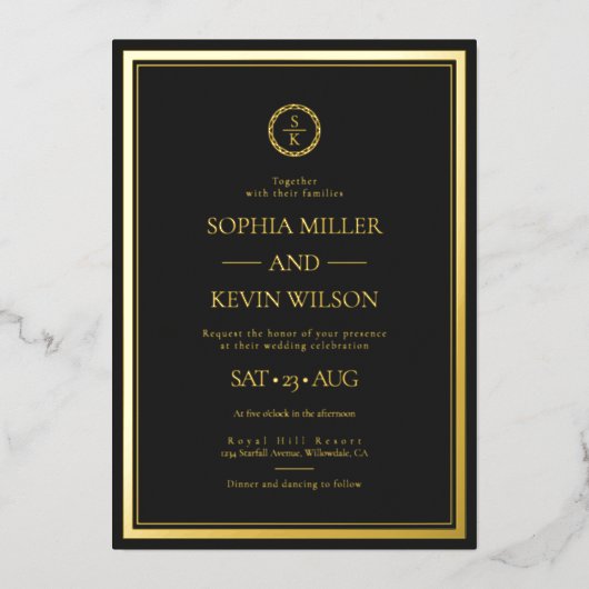Black Gold Elegant Modern Monogrammed Wedding Folie Uitnodiging (Voorkant)