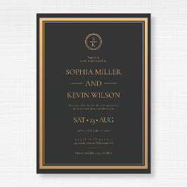 Black Gold Elegant Modern Monogrammed Wedding Kaart