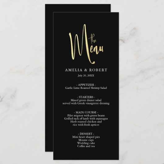 Black Gold Elegant Modern Simple Wedding Menu (Voorkant / Achterkant)