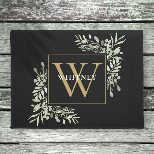 Black Gold Elegant Monogram Greenery Deurmat (Creator heeft geüpload)