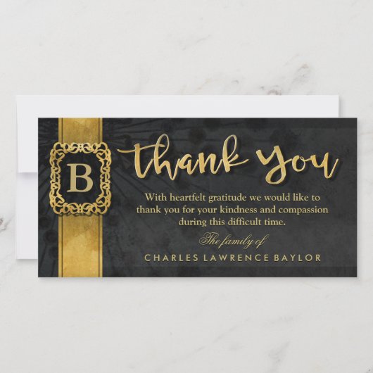 Black & Gold Elegant Monogram Sympathie Hartelijk  Bedankkaart (Voorkant)
