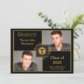 Black Gold Elegant Monogram, twee foto-Afstuderen Aankondiging (Staand voorkant)