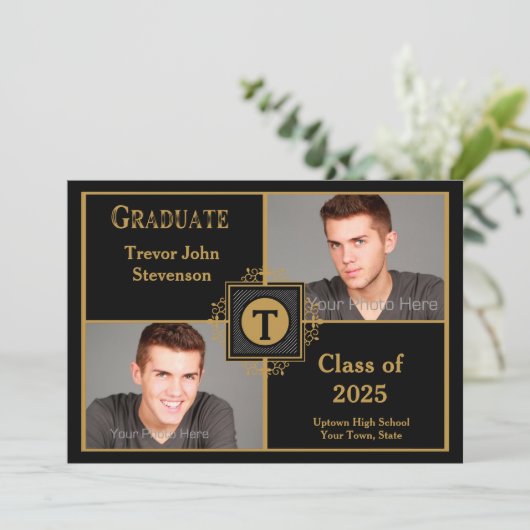 Black Gold Elegant Monogram, twee foto-Afstuderen Aankondiging (Staand voorkant)