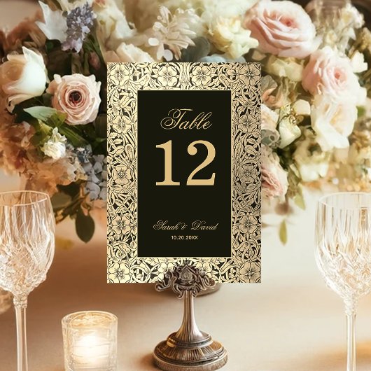 Black Gold Elegant Script Floral Wedding Kaart