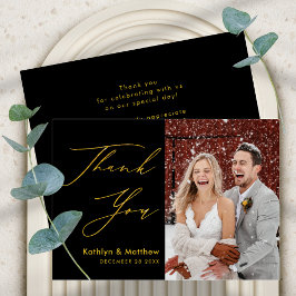 Black Gold Elegant Script Modern Photo Wedding Bedankkaart