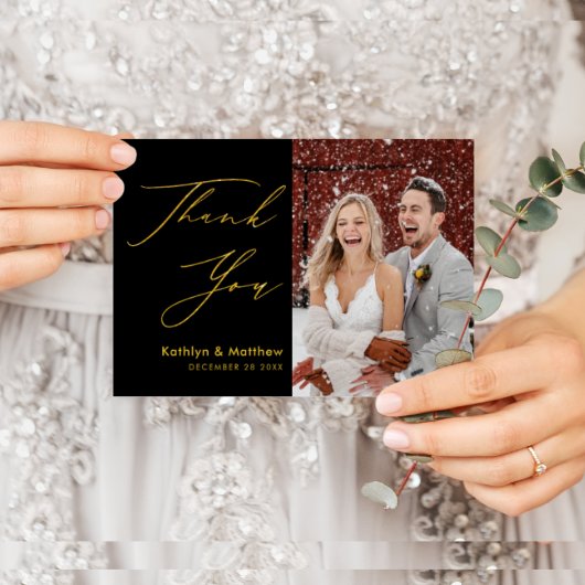 Black Gold Elegant Script Modern Photo Wedding Bedankkaart
