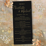 Black Gold Elegant Signature Wedding Menu<br><div class="desc">Deze moderne menukaart met zwarte en gouden handtekeningen is voorzien van tekenstijlnamen en kan worden gepersonaliseerd met uw informatie in het teken van goudletters. Ontworpen door: Thisnotme©</div>