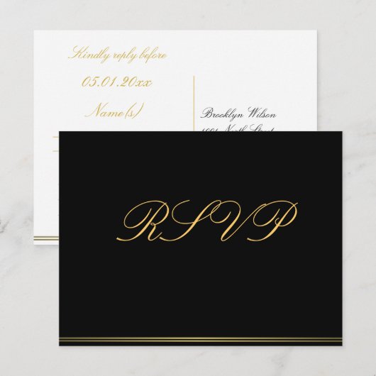 Black Gold Elegant Wedding RSVP Briefkaarten (Voorkant / Achterkant)