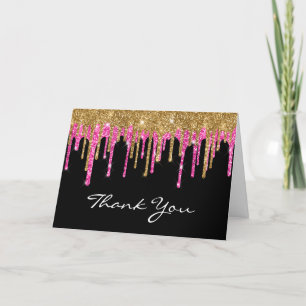 Black Gold en Deep Pink Glitter Drip Quinceañera Bedankkaart