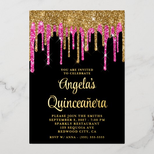 Black Gold en Deep Pink Glitter Drives Quinceañera Folie Uitnodiging (Voorkant)