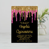 Black Gold en Deep Pink Glitter Drives Quinceañera Folie Uitnodiging (Staand Voorkant)