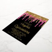 Black Gold en Deep Pink Glitter Drives Quinceañera Folie Uitnodiging (Gedraaid)