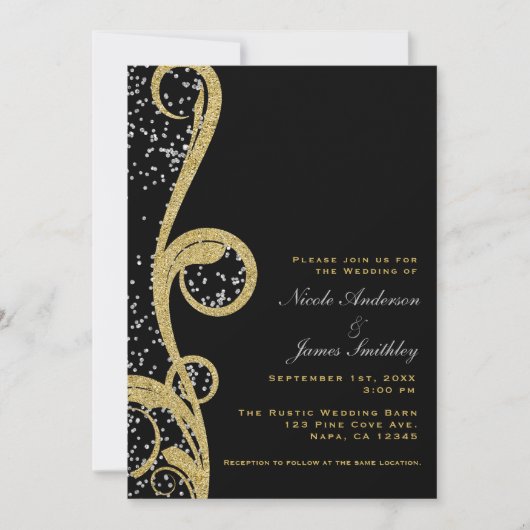 Black Gold en Silver Glitter Elegant Swirl Wedding Kaart (Voorkant)