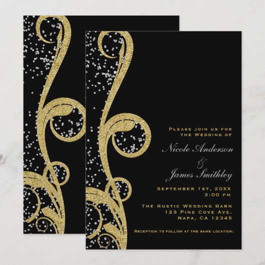 Black Gold en Silver Glitter Elegant Swirl Wedding Kaart (Voorkant / Achterkant)