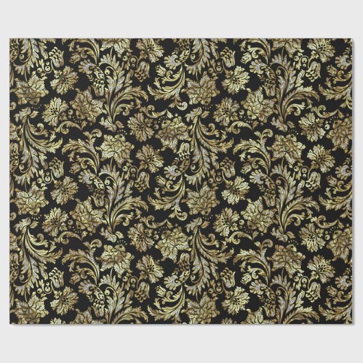 Black Gold en White Glitter Floral Damaskers Cadeaupapier (Vlak)
