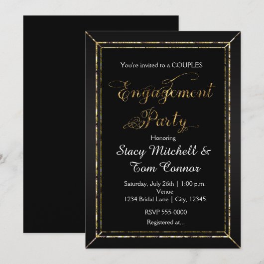 Black Gold Engagement Party Typografie Uitnodiging (Voorkant / Achterkant)