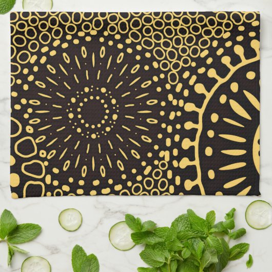 Black Gold Ethnic Floral Pattern Kitchen Towel Theedoek (Gevouwen)