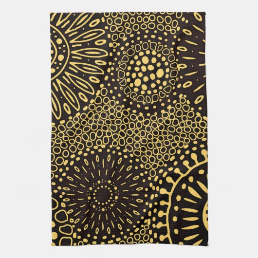 Black Gold Ethnic Floral Pattern Kitchen Towel Theedoek (Verticaal)