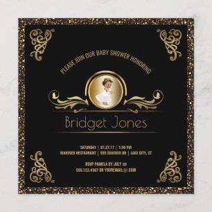 Black Gold Ethnic Princess Girl Baby shower Kaart