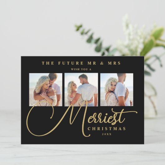 Black Gold Exquisite Wedding Christmas 3 Photos Save The Date (Staand voorkant)