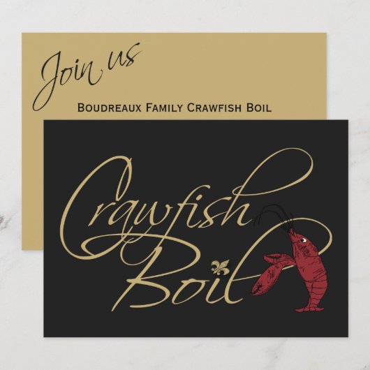 Black Gold Fancy Script Crawfish Boil Kaart (Voorkant / Achterkant)