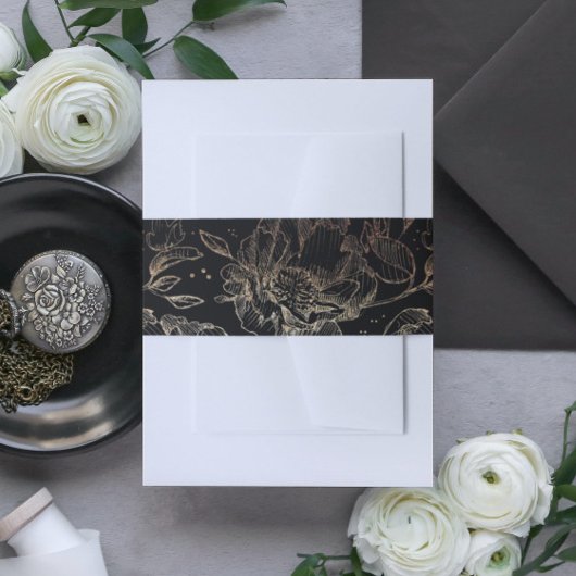 Black Gold Faux Elegant Hand Drawn Florals Wedding Uitnodigingen Wikkel