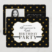 Black & Gold Faux Folie Polka Dots Photo Invitatio Kaart (Voorkant / Achterkant)