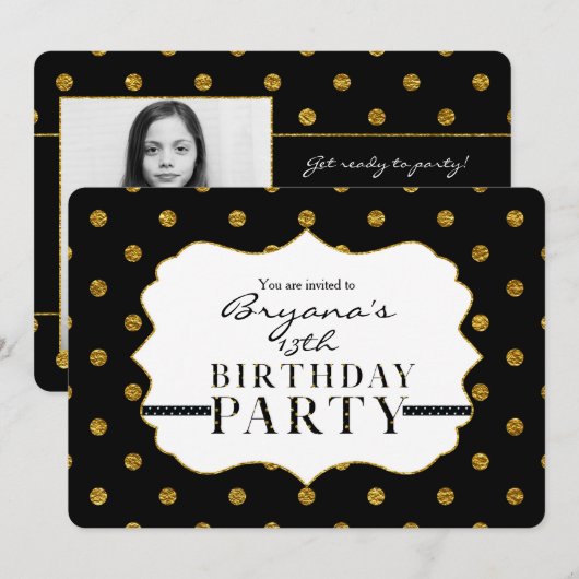 Black & Gold Faux Folie Polka Dots Photo Invitatio Kaart (Voorkant / Achterkant)