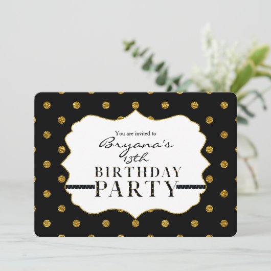 Black & Gold Faux Folie Polka Dots Photo Invitatio Kaart (Staand voorkant)