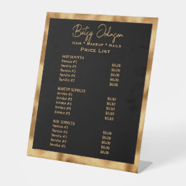 Black & Gold Faux Folie Schoonheidssalon Prijslijs Reclamebord Met Voetstuk