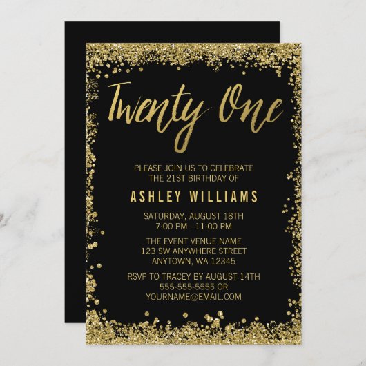 Black Gold Faux Glitter 21e verjaardag Uitnodiging (Voorkant / Achterkant)
