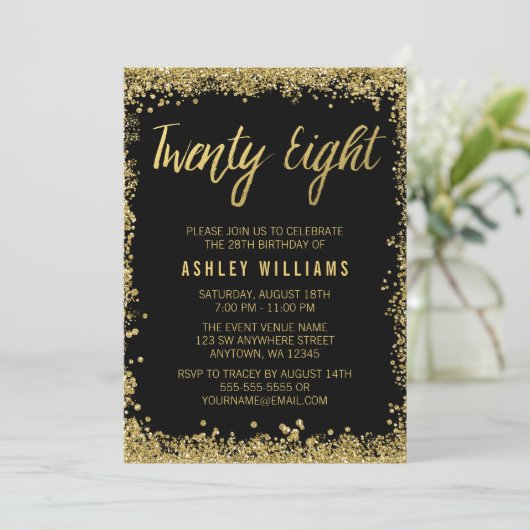 Black Gold Faux Glitter 28th Birthday Invitations Kaart (Staand voorkant)