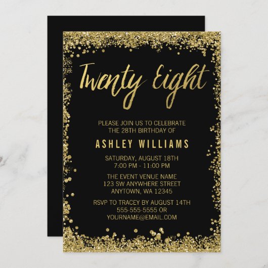 Black Gold Faux Glitter 28th Birthday Invitations Kaart (Voorkant / Achterkant)