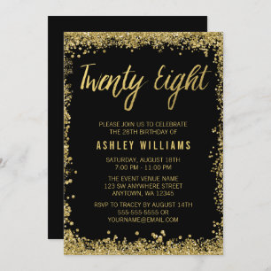 Black Gold Faux Glitter 28th Birthday Invitations Kaart