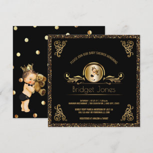 Black Gold Faux Glitter Prince Boy Baby shower Kaart