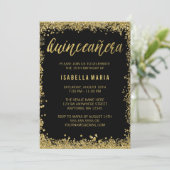 Black Gold Faux Glitter Quinceanera 15th Birthday Kaart (Staand voorkant)