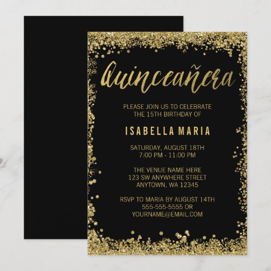 Black Gold Faux Glitter Quinceanera 15th Birthday Kaart (Voorkant / Achterkant)