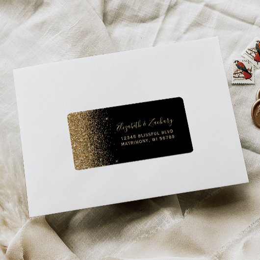 Black Gold Faux Glitter Wedding RSVP-zelfadres Etiket