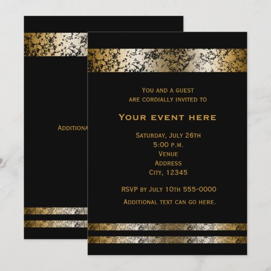 Black & Gold Faux Marble Elegant Evenement Uitnodi Kaart (Voorkant / Achterkant)