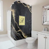 Black Gold Faux Marble  Elegant Monogram Douchegordijn (In situ)