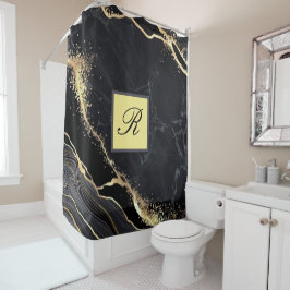Black Gold Faux Marble  Elegant Monogram Douchegordijn