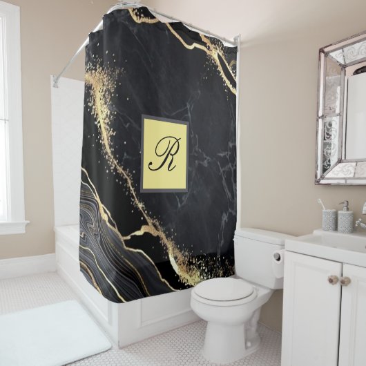 Black Gold Faux Marble Elegant Monogram Douchegordijn (In situ)