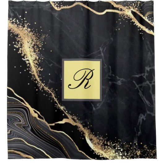 Black Gold Faux Marble  Elegant Monogram Douchegordijn (Voorkant)