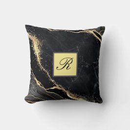 Black Gold Faux Marble  Elegant Monogram Kussen