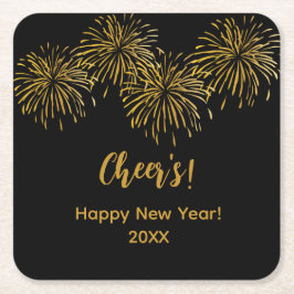 Black Gold Fireworks Happy Nieuwjaar Kartonnen Onderzetters