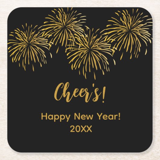 Black Gold Fireworks Happy Nieuwjaar Kartonnen Onderzetters (Voorkant)