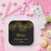 Black Gold Fireworks Happy Nieuwjaar Papieren Bordje (Feest)